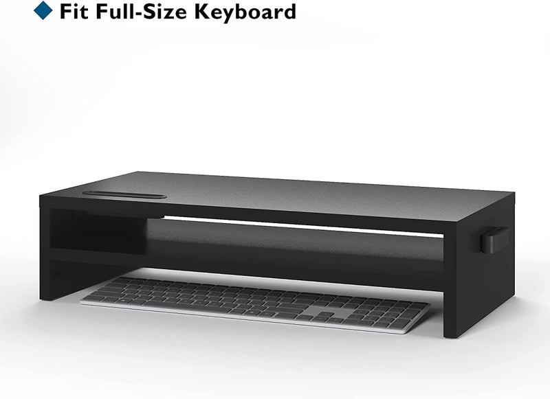 BONTEC Wood Monitor Stand Riser, 2-Tier Desktop Organizer with Storage, Ergonomic Computer Stand for Desk, Cable Management, Cellphone Holder, 21.3 Inch Shelf, Black - Image 2